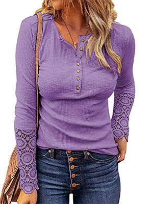 Female Stylish Round Neck Splice Lace Sleeve Shirts