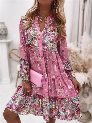 Floral Print Splicing Layered Mini Dresses for Women