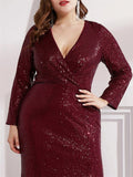 Gorgeous Shiny V-Neck Sequins Long Sleeve Slit Dress