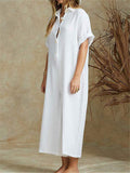 Straight Silhouette Spread Collar Soft Cotton Front Button Cropped Jumpsuit