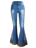 Women's Floral Embroidery Bell Bottom Denim Pants