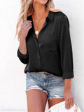 Office Lady Simple Button Pocket Comfortable Pure Color Silk Blouses