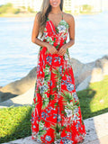 Floral Wrap Neck Strap Empire Waist Crossback Maxi Beach Dress