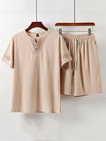 Casual Style Soft 2-Piece Outfit Pleated Detailing T-Shirt + Drawstring Waistband Shorts