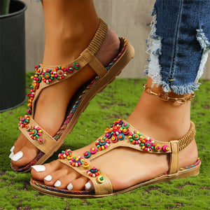 Bohemian Style Colorful Beads Elastic Band Beach Sandals for Lady
