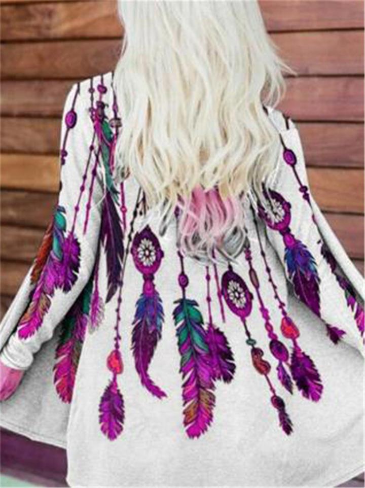 Casual Style Feather Floral Printed Long Sleeve Open Front Tops
