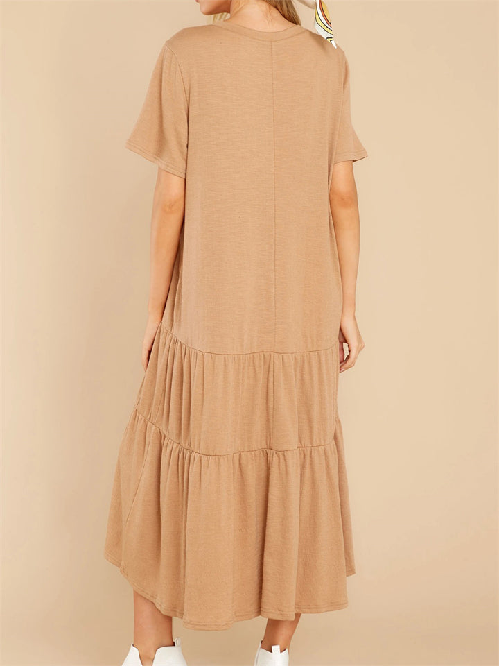 Comfortable Knitted Solid Color Mid-Waist Short-Sleeved Dress