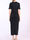 Women Cotton Black Short Sleeve Long Dress