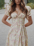 Fashionable Sweetheart Short Sleeve High Slit Floral Maxi Dress