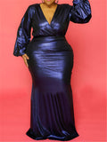 Long Sleeve Deep-V Bright Silk Maxi Dresses