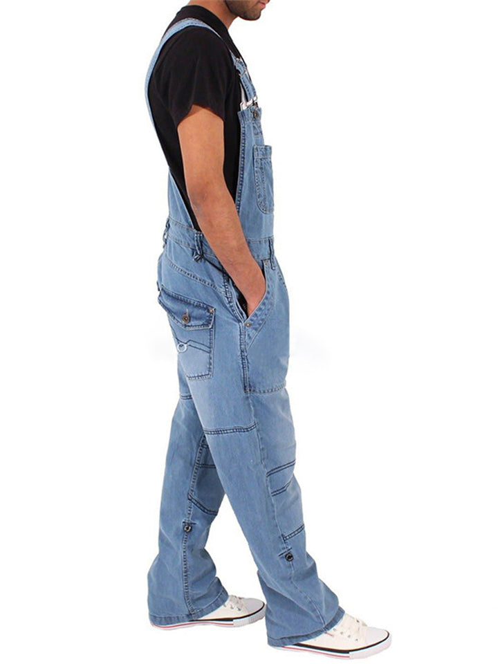 Men’s Fine-Stitching Adjustable Strap Multi-Pocket Full-Length Denim Bibs