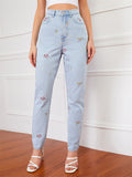 Campus Style Lovely Small Floral Embroidery Slim Fit Light Blue Denim Jeans for Women