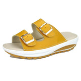 Women's Genuine Leather Peep Toe Soft Platform Beach Slippers