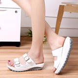 Women's Genuine Leather Peep Toe Soft Platform Beach Slippers