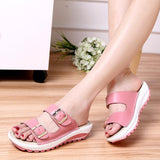 Women's Genuine Leather Peep Toe Soft Platform Beach Slippers