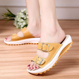Women's Genuine Leather Peep Toe Soft Platform Beach Slippers