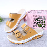 Women's Genuine Leather Peep Toe Soft Platform Beach Slippers