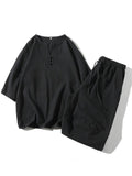 Comfy 2-Piece Linen Outfit Front Button T-Shirt + Drawstring Cropped Pants
