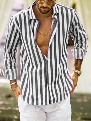 Men's Casual Fashion Button Up Long Sleeve Striped Shirts