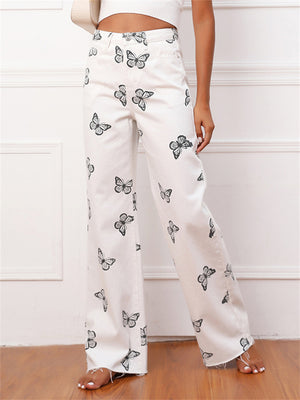 Women's Super Cute Butterfly Print Soft Loose White Color Denim Jeans