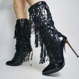 Pointed Toe Fashion Fringe Sequined Mid-Calf Boots