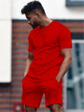 Mens Solid Color Casual Comfy Short Sleeved T-Shirts+Shorts
