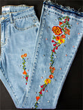 Women's Vintage Style Floral Embroidery Bell Bottom Blue Jeans