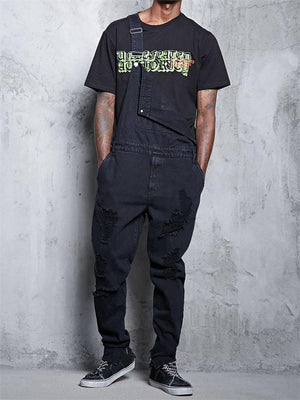 Men's Ripped Frayed Loose Long Pants Denim Jumpsuits Overalls