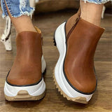 Simple Solid Color Grained Round Toe Casual Platform Flat-Heel Martin Boots