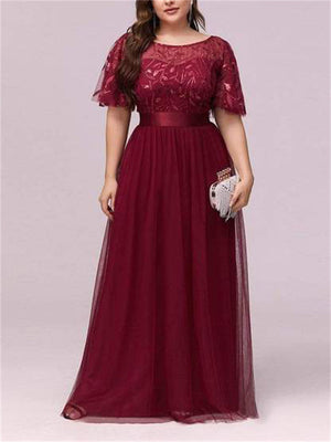 New Elegant Sweet Style Plus Size Embroidery Short Sleeve Evening Dresses