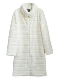 Stylish Striped Stand Collar Women's Comfy Mid-Length Fuzzy Coat
