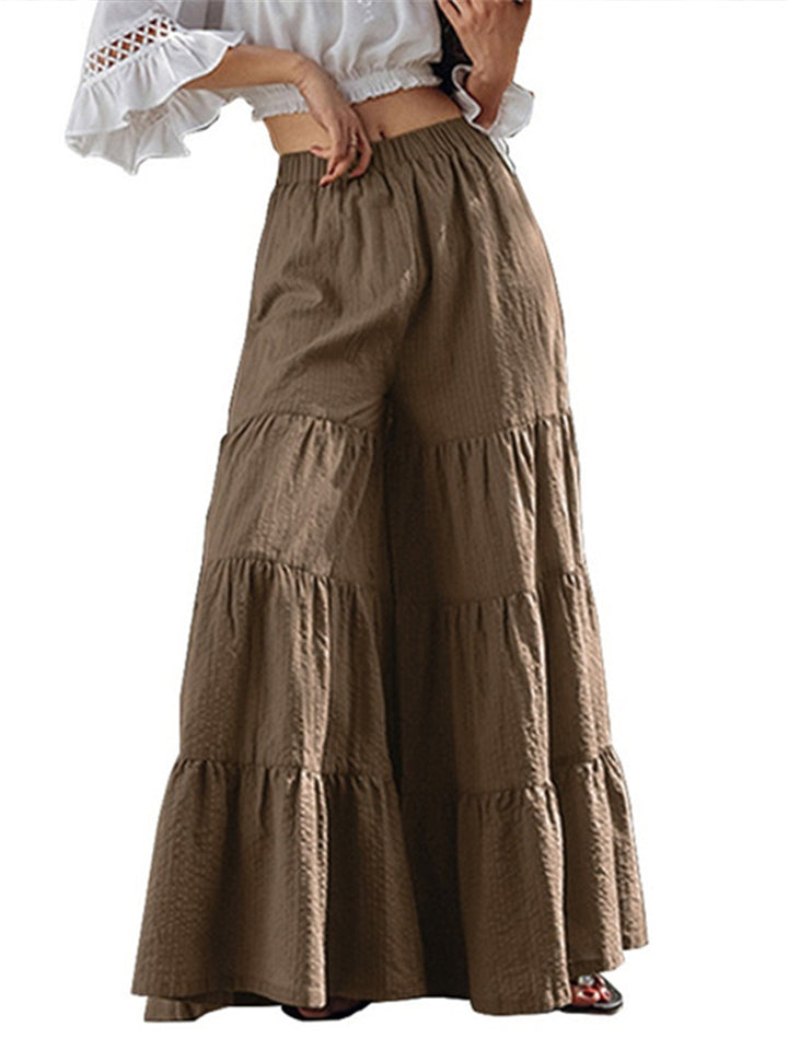 Casual Style Elastic Waistband Pleated Detailing Wide-Leg Full-Length Culottes
