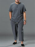 Loose Fit Linen 2-Piece Round Neck Button T-Shirt + Drawstring Cropped Pants