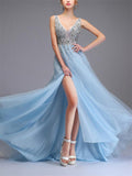 Sequined Beaded Backless Tulle Trendy Prom Dresses