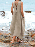 Women's Deep V Neck Pocket Backless Lace Up Loose Beach Dress
