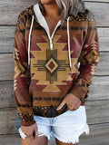 Women's Ethnic Diamond Printed Long Sleeve Pullover Hooded Sweatshirt