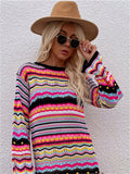 Round Neck Knitted Multicolor Striped Pullover Mid-Length Women's Sweater