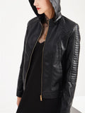Women's Cool Hooded PU Leather Jacket with Warm Lining