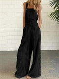Retro Solid Color Sleeveless Side Pocket Casual Wide-Leg Side Buckle Jumpsuit