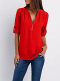 V-neck Zipper Loose Chiffon Blouses