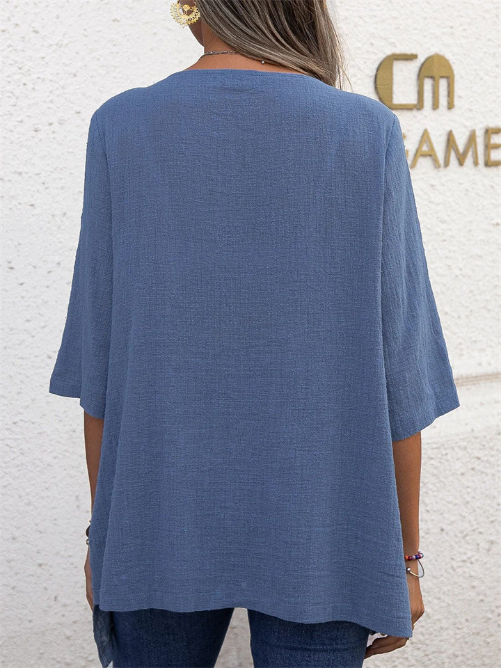 Women's Vintage Round Neck Irregular Hem 3/4 Sleeve Linen Tops