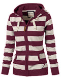 Casual Style Striped Zipper Pocket Drawstring Hooded Sweatshirt