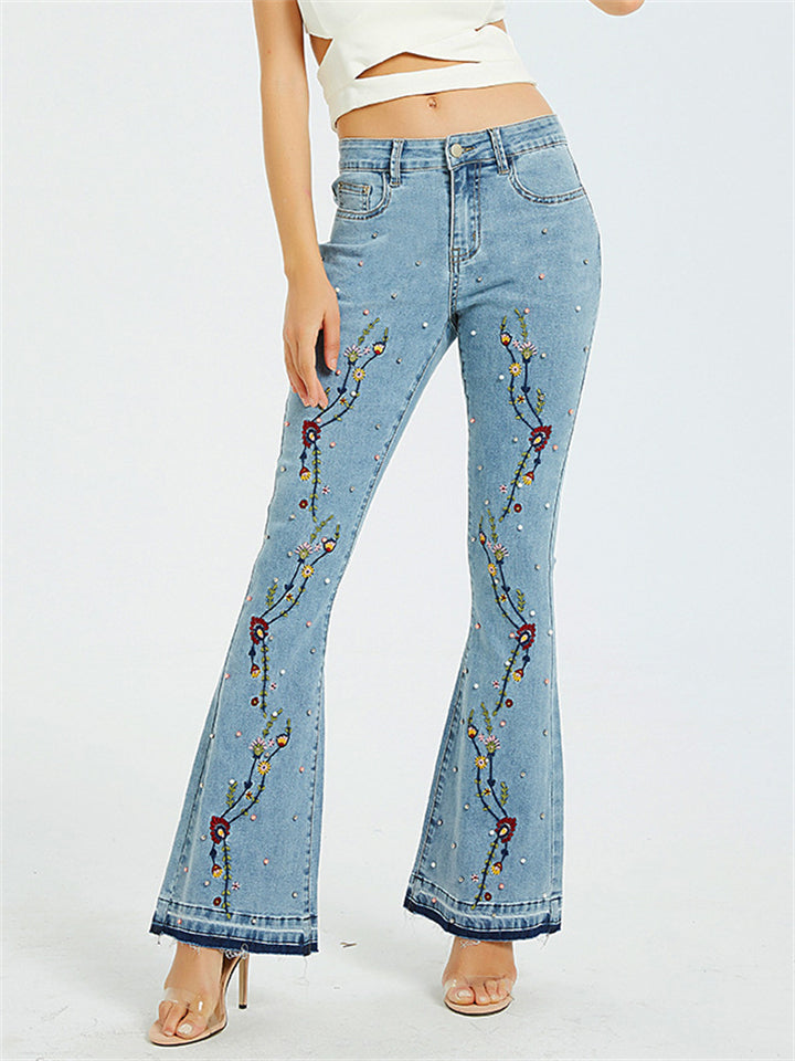 Pretty Small Floral Embroidery Colourful Pearl Vintage Style Bell Bottom Denim Jeans