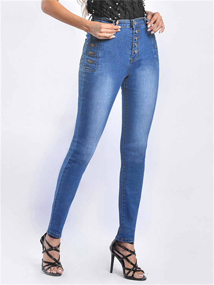 Women's Fashion Slim Fit Buttons Washed Effect Daily Denim Jeans
