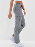 Women's Casual Washed Effect Multi-Pockets Button Grey Cargo Pants