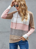 Color Block Hooded Sweater With Ajustable Drawstring