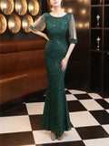 Shiny Sequin Round Neck Fitted Waist Maxi Ball Gown