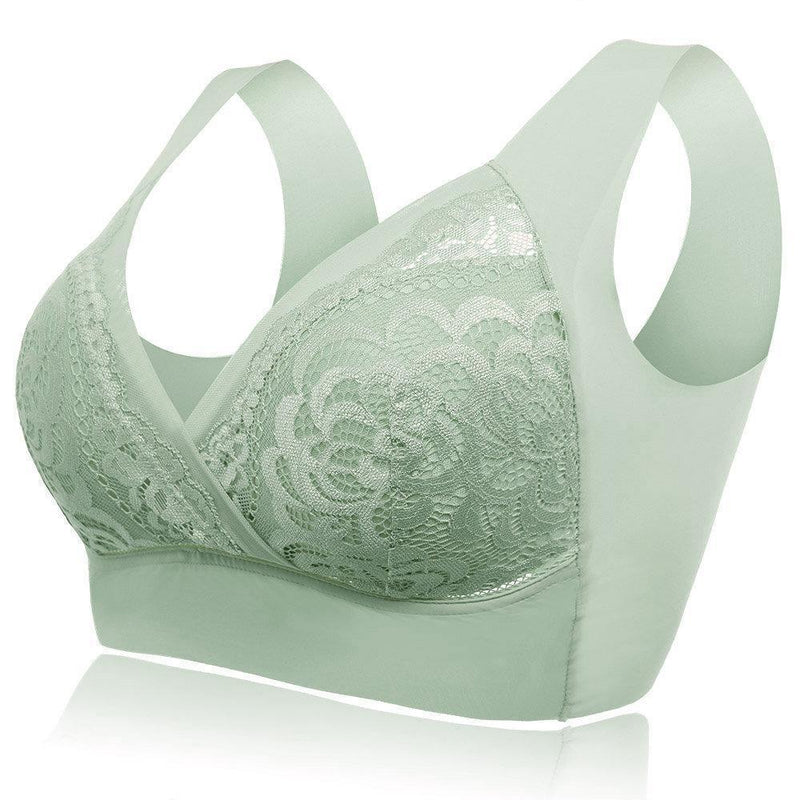 Deep Plunge Embroidered Full Cup Wireless Bras - Green