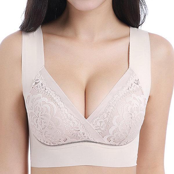 Deep Plunge Embroidered Full Cup Wireless Bras - Light Purple