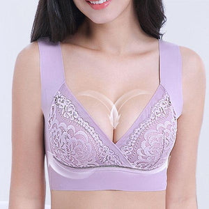 Deep Plunge Embroidered Full Cup Wireless Bras - Cameo